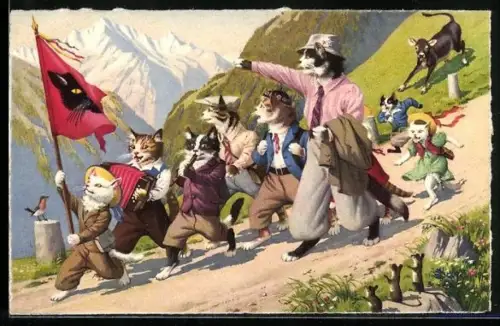 Künstler-AK Katzen im Marsch den Berg herabsteigend