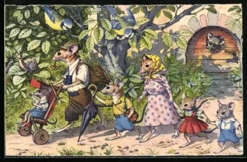 Künstler-AK Mäusefamilie beim Wanderausflug