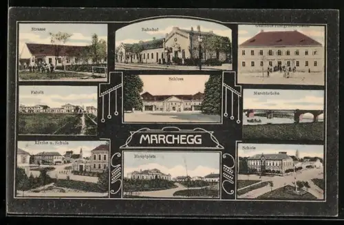 AK Marchegg, Blick auf Fabrik, Schloss und Marchbrücke, Gasthaus zum grünen Baum