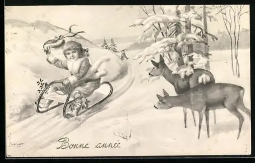 AK Kleiner Schlittenfahrer grüsst Rehe, Neujahrsgruss