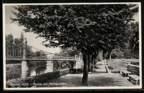 AK Oppeln O./S., Partie am Mühlgraben, mit Brücke