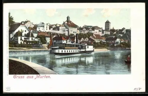 AK Murten, Dampfer vor der Ortschaft