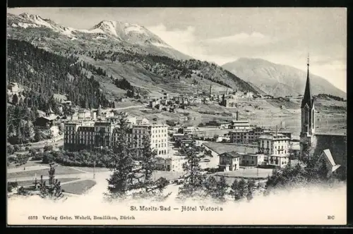 AK St. Moritz-Bad, Hotel Victoria mit Kirche und Umgebung