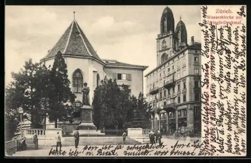 AK Zürich, Wasserkirche mit Zwingli-Denkmal