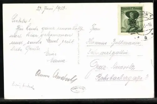 AK Payerbach, Flusspartie mit Brücke vor Raxalpen