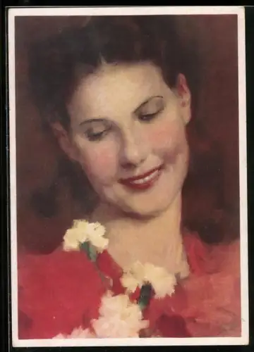 Künstler-AK Bildnis einer Dame mit Nelken, Art Deco