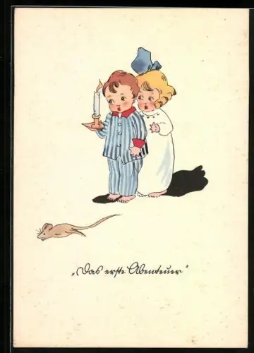 AK Kinder im Nachthemd sehen Maus vorbeihuschen
