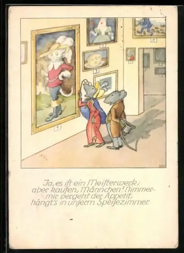 Künstler-AK sign. Bohatta-Morpurgo: Mäus`chen in der Galerie, Gestiefelter Kater