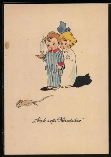 AK Kinder im Nachthemd sehen Maus vorbeihuschen