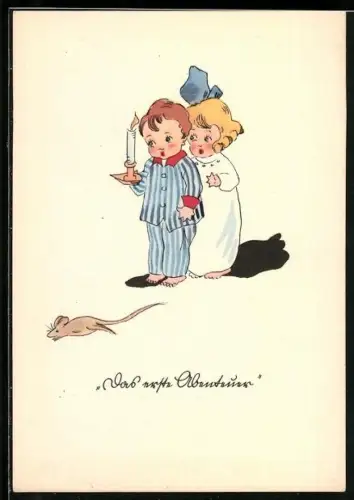 AK Kinder im Nachthemd sehen Maus vorbeihuschen