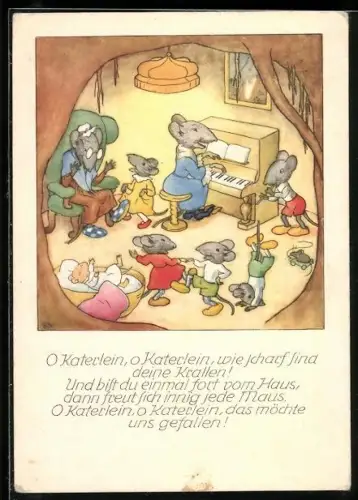 Künstler-AK sign. Bohatta-Morpurgo: Singen und Tanzen bei Familie Mäuschen