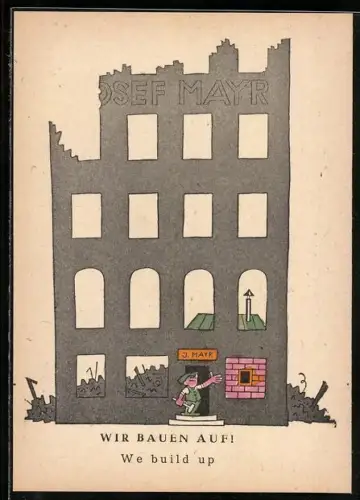 AK Bauarbeiter an einem zertrümmerten Haus