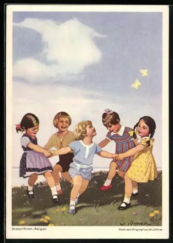 Künstler-AK W.I.: Kleinkinder beim Ringelreihen, Reklame für Indanthren Textilien