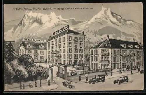 Künstler-AK Chamonix /Mont-Blanc, Hôtel Croix Blanche & Simond avec vue sur les montagnes enneigées