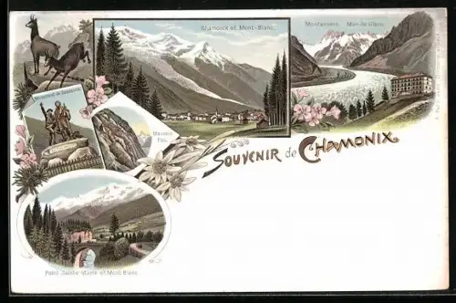 Lithographie Chamonix, Souvenir de Chamonix avec vues du Mont-Blanc et Mer de Glace