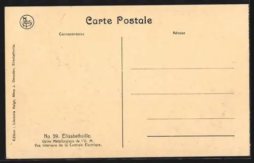 AK Elisabethville, Usine Métallurgique de l`U. M., Vue intérieure de la Centrale Electrique