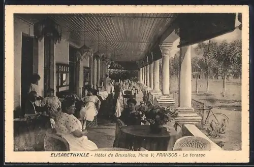 AK Elisabethville, Hôtel de Bruxelles, Mme V. Fransos, La terasse