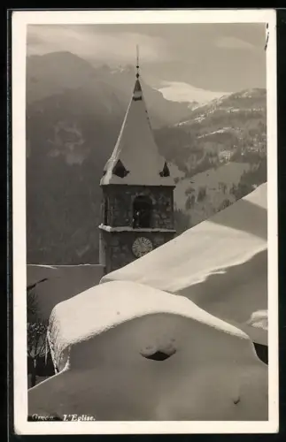 AK Gryon, L`Église sous la neige avec vue sur les montagnes alpines enneigées