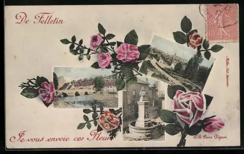 AK Felletin, Montage de vues avec roses et monument