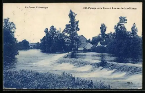 AK Lavaveix-les-Mines /Creuse, Paysage sur la Creuse avec moulin et arbres en arrière-plan