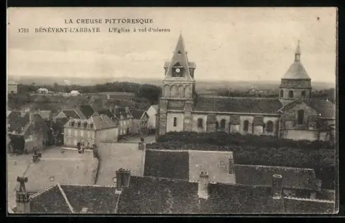 AK Bénévent-l`Abbaye /Creuse, L`église à vol d`oiseau