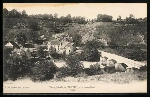AK Vervit près Fresselines, Vue générale du village et du pont en pierre