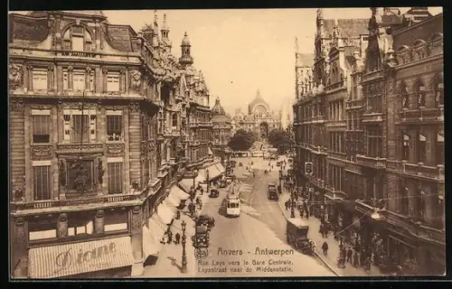 AK Anvers, Rue Leys vers la Gare Centrale, Strassenbahn