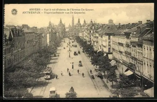 AK Anvers, Vue à vol-d`oiseau de l`Avenue De Keyser, Strassenbahn