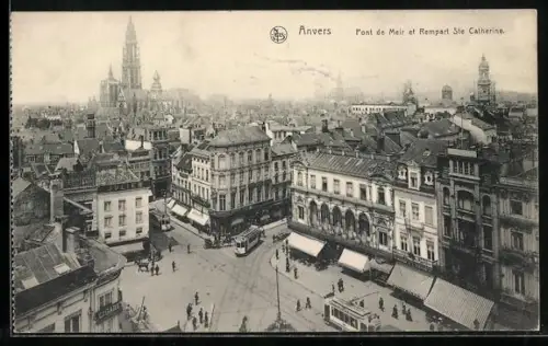 AK Anvers, Pont de Meir et Rempart Sainte-Catherine, Strassenbahn