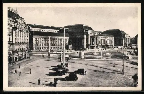 AK Leipzig, Hauptbahnhof mit Strassenbahn