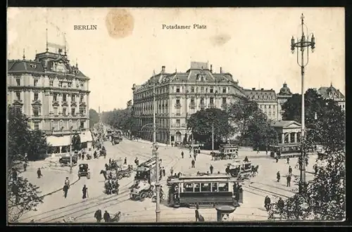 AK Berlin-Tiergarten, Potsdamer Platz mit Strassenbahnen