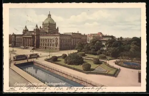 AK Leipzig, Partie am Reichsgericht, Strassenbrücke mit Strassenbahn