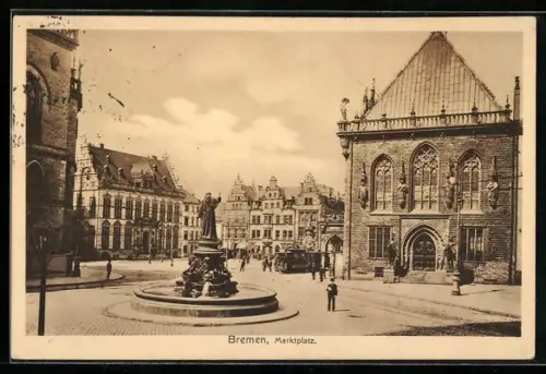 AK Bremen, Marktplatz mit Denkmal u. Strassenbahn