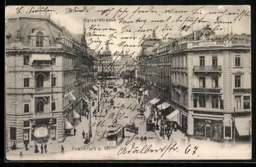 AK Frankfurt a. M., Kaiserstrasse mit Strassenbahnen aus der Vogelschau