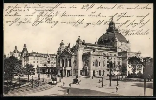AK Frankfurt a. M., Schauspielhaus, Panorama mit Strassenbahn