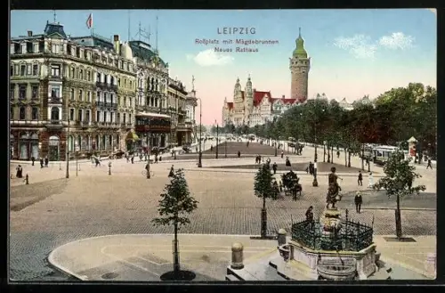 AK Leipzig, Rossplatz mit Mägdebrunnen, Neuem Rathaus und Strassenbahn
