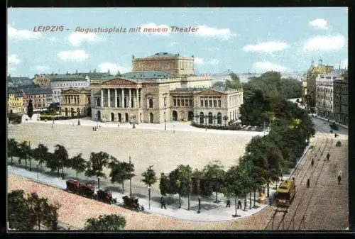 AK Leipzig, Augustusplatz mit neuem Theater und Strassenbahn aus der Vogelschau