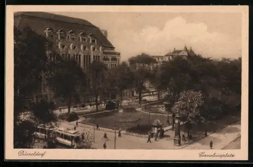 AK Düsseldorf, Corneliusplatz mit vorbeifahrender Strassenbahn