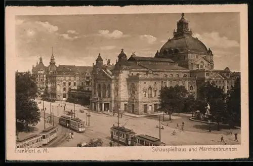 AK Frankfurt a. M., Schauspielhaus und Märchenbrunnen mit Strassenbahnen aus der Vogelschau