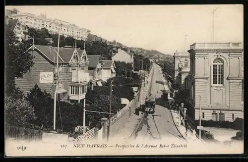 AK Nice Havrais, Perspective de l`Avenue Reine Élisabeth, Strassenbahn