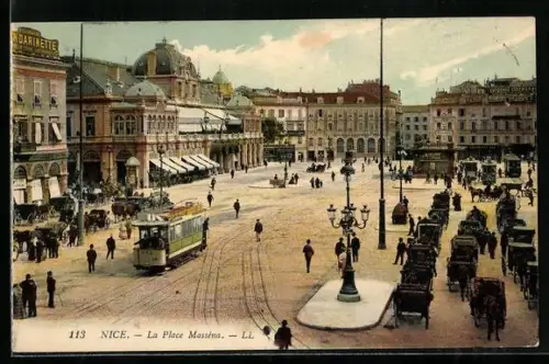 AK Nice, La Place Masséna, Strassenbahn