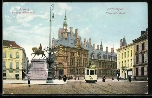 AK Anvers, Banque Nationale, Strassenbahn