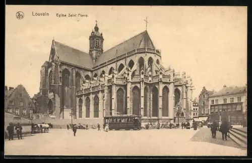 AK Louvain, Eglise Saint Pierre, Strassenbahn
