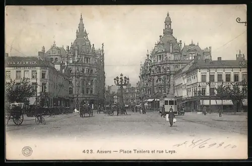 AK Anvers, Place Teniers et rue Leys, Strassenbahn