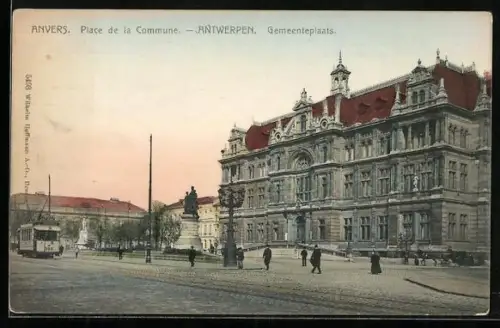 AK Anvers, Place de la Commune, Strassenbahn