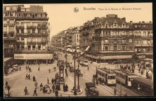 AK Bruxelles, Place de la Bourse et Boulevard Anspach, Strassenbahn