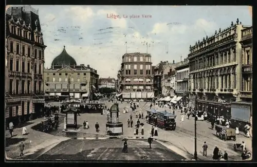 AK Liège, La place Verte, Strassenbahn