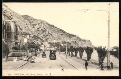 AK Menton, Vue à Garavan, Strassenbahn