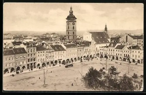 AK Budejovice, Ortspartie aus der Vogelschau, Strassenbahn