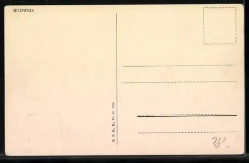 AK Budejovice, Ortspartie aus der Vogelschau, Strassenbahn